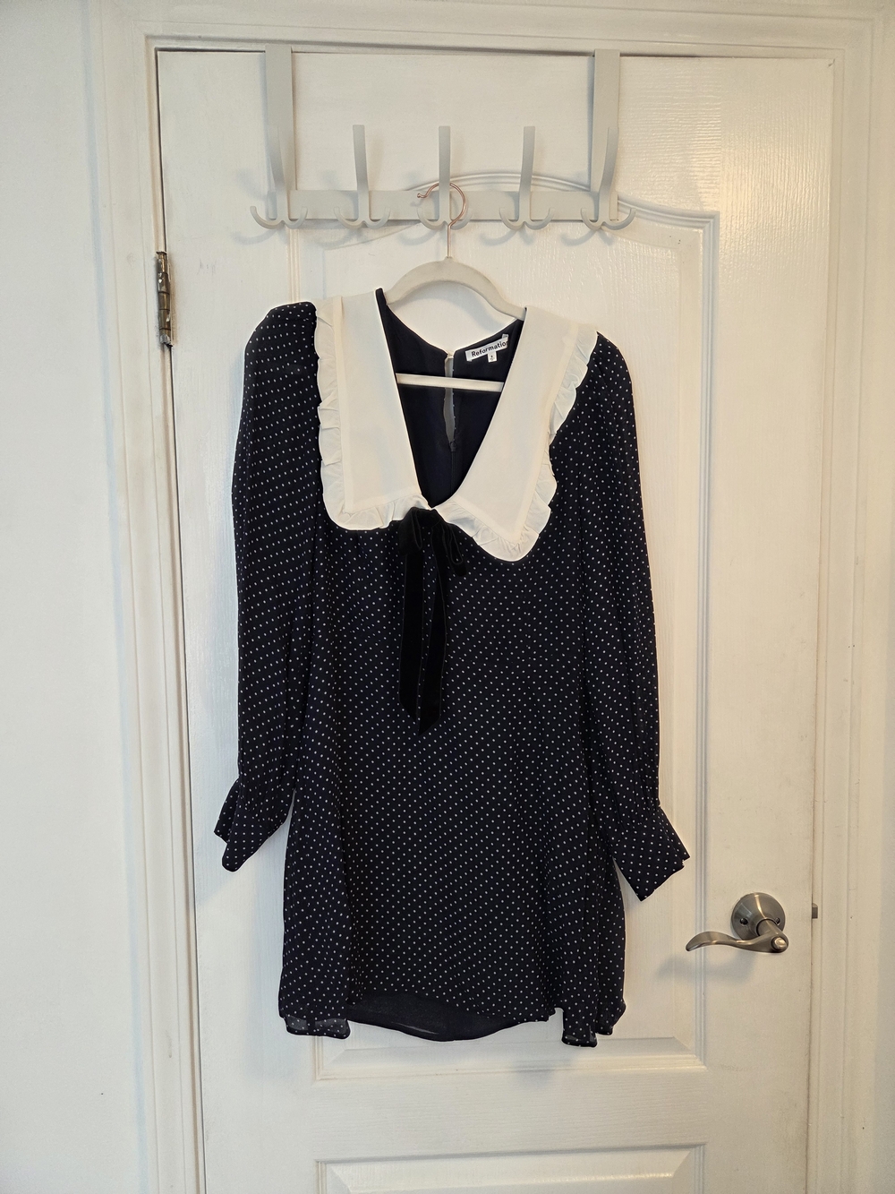 Reformation Edalene Navy Polka Dot Mini Dress with White Ruffle Collar - Picture 2 of 5